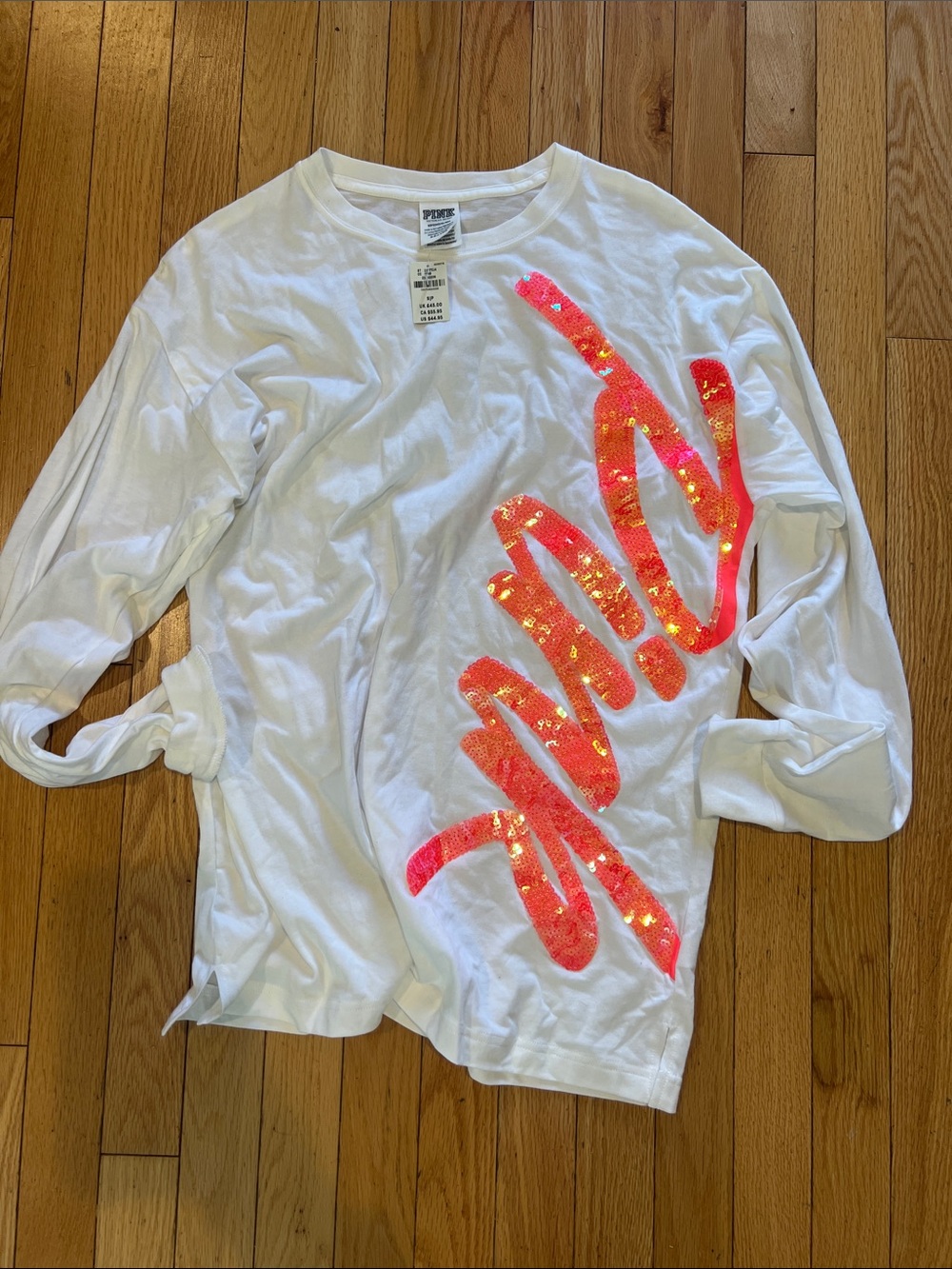 PINK Victoria's Secret White Long-Sleeve Tee with Neon Pink Sequin Script